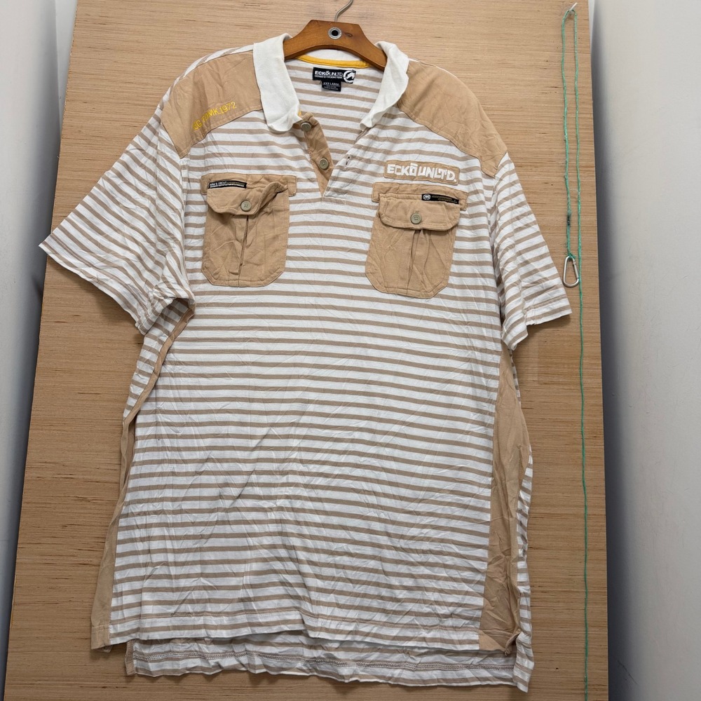 Ecko Unltd Mens 3XL Tan Striped Short Sleeve Polo Shirt Utility Pockets Cotton